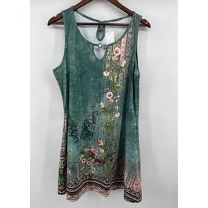 New Trend Womens Floral Tank dress Teal Green Keyhole Neck Pockets Large